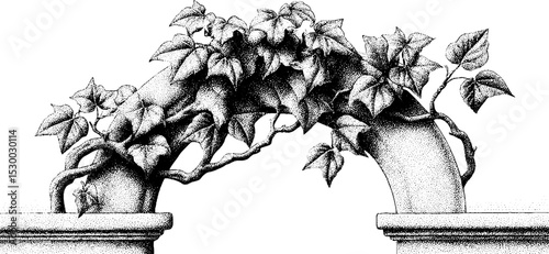 Dotwork tattoo design of stone archway with ivy tendrils