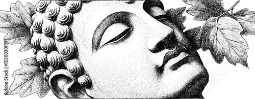Tranquil stone buddha head statue surrounded by lush leaves - zen garden serenity