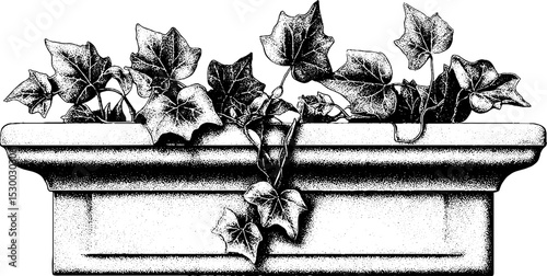 Stone planter with leaf embossed design and vine trailing from edge