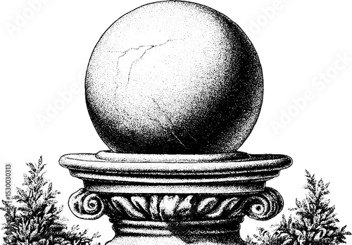 Vintage stone sphere on ornate pedestal with crackle texture design for decoration
