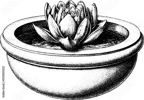 Serene stone water bowl with lotus flower for tranquil decor and meditation spaces