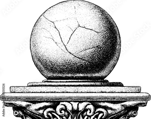 Stone sphere with crackle texture on ornate pedestal