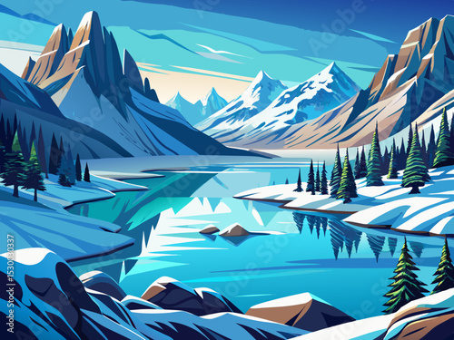 vector of A vast lake surrounded by mountains and the extreme cold on the water has caused the water to freeze.