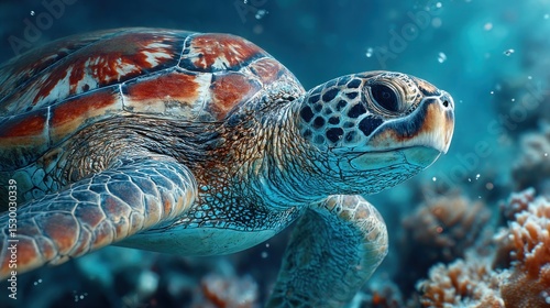 Majestic sea turtle gracefully navigating underwater world near coral reefs