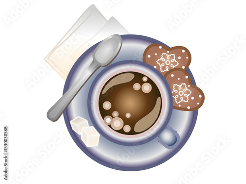 Cup with hot coffee on a saucer gently blue top view. On the saucer next to the cup are two ginger cookies with royal icing in the form of snowflakes, as well as a coffee spoon and two cubes of sugar.