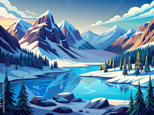 vector of A vast lake surrounded by mountains and the extreme cold on the water has caused the water to freeze.
