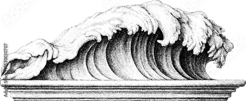 Dotwork art of swirling ocean wave with foam tendrils for tattoo design