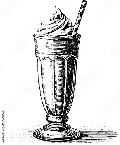 Vintage milkshake glass with whipped cream and straw for retro dessert designs