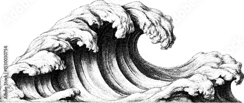 Intricate swirling wave with foam tendrils in dotwork style for tattoo design