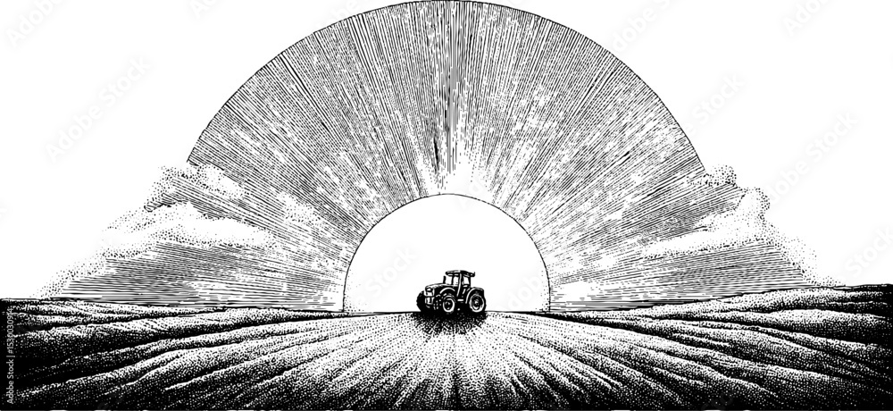 Obraz premium Tractor silhouette at dawn in ploughed field with sunburst horizon