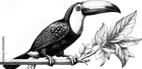 Tropical toucan perched on jungle branch with oversized beak engraving