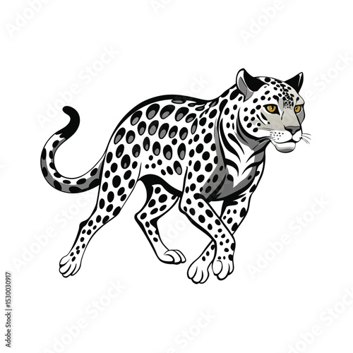 Black and White Vector Illustration of a Spotted Leopard Walking