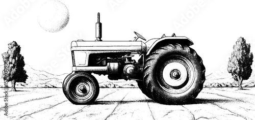 Tractor silhouette in ploughed field at dawn with sun and trees in rural landscape