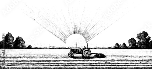 Tractor silhouette in ploughed field at dawn with radiant sunrise for agricultural design