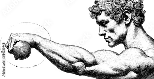 Strength and motion concept with trainer lifting dumbbell in dotwork art form