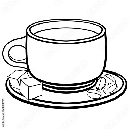 A cup of coffee on a saucer. Coffee beans and sugar pieces. Line drawing. For coloring