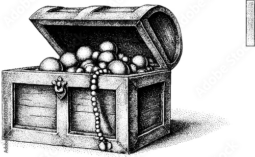 Vintage treasure chest with pearls and coins for pirate adventure or nautical decor