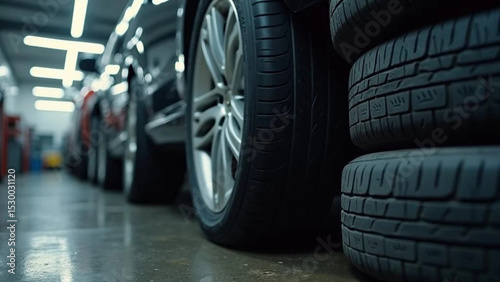 Stack of black car tires. Close up 