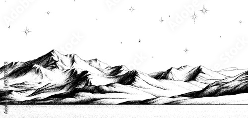 Twilight sky with starry dots above mountain range scene for tranquil designs