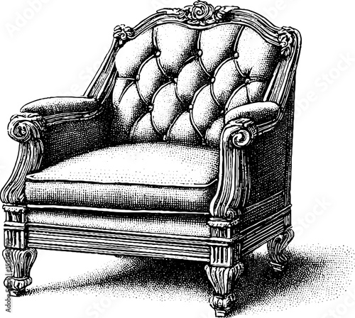 Victorian armchair with tufted upholstery in dotwork style for antique inspired design