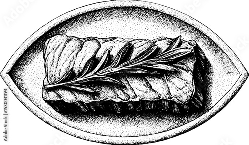 Dotwork tattoo style venison steak with charred edges decorated with rosemary