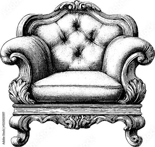 Victorian tufted armchair in dotwork antique illustration. Elegant vintage furniture design with ornate wood craftsmanship