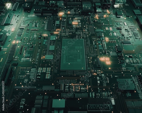 An intricate, detailed view of a green circuit board, densely populated with glowing components and traces, creating a sense of advanced technology and connectivity.