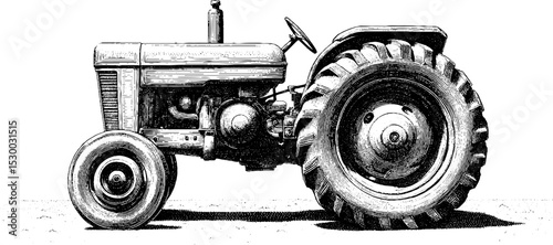 Vintage tractor with large rear wheel treads for farming and design concepts