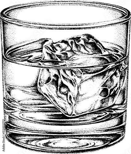 Whisky tumbler with glinting ice cube in dotwork art design