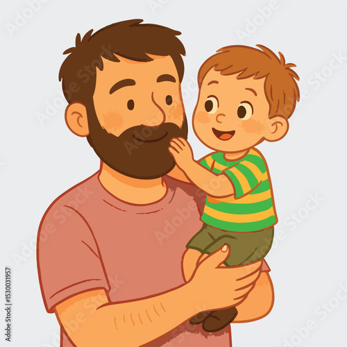 A heartwarming cartoon illustration of a bearded father lovingly holding his smiling young son. The child joyfully touches his dad's beard, highlighting the affectionate bond between them.