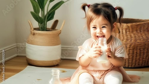 A child carefully tastes milk from a bottle and laughs joyfully with pleasure from the taste