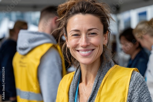A cheerful woman wearing a yellow vest smiles brightly at a volunteer event, embodying the spirit of community service and positivity in a lively environment filled with activity.