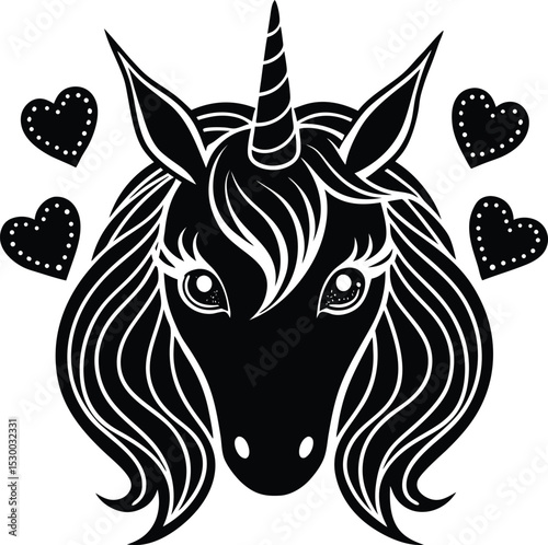 Enchanted Unicorn Head with Hearts Magical Creature Illustration