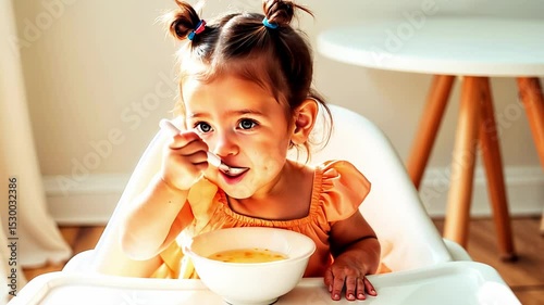 A child carefully tries porridge from a spoon and laughs joyfully with pleasure from the taste