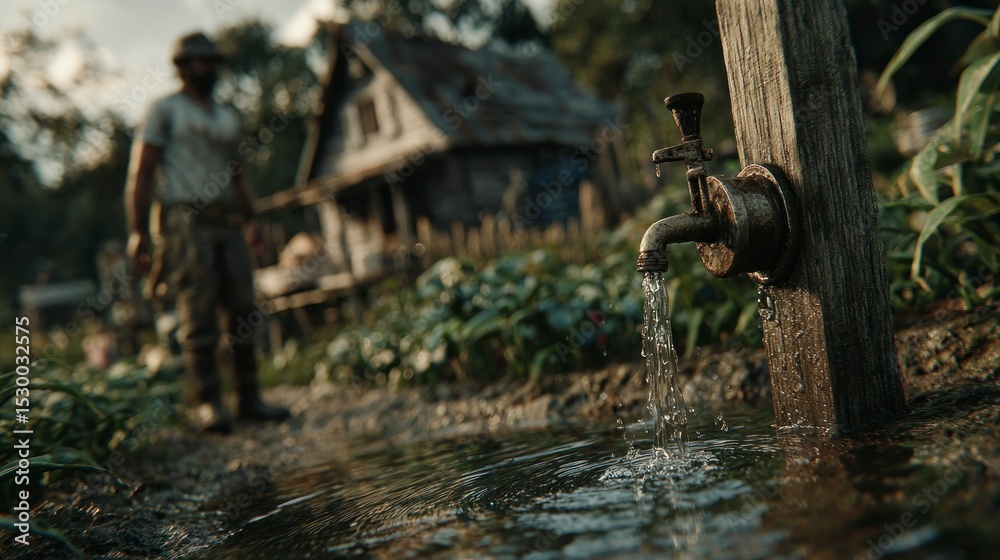 Obraz premium Rural Water Source Rustic Tap Flowing into a Puddle