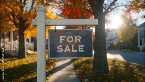 A for sale sign in front of a house during the autumn season on a sunny day outdoors