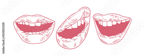 Set of hand-drawn illustrations of lips in a linear style, drawing of mouths with large, original lips for posters, products, or graphic design.