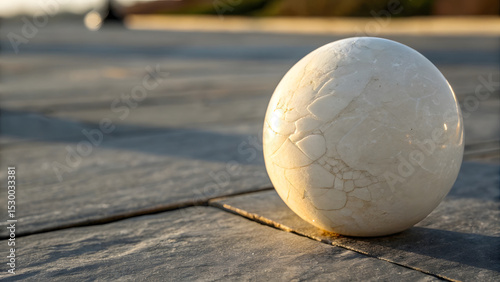 A solitary off-white sphere rests on a muted slate surface, its smooth yet subtly textured surface resembling fine eggshell porcelain or weathered limestone