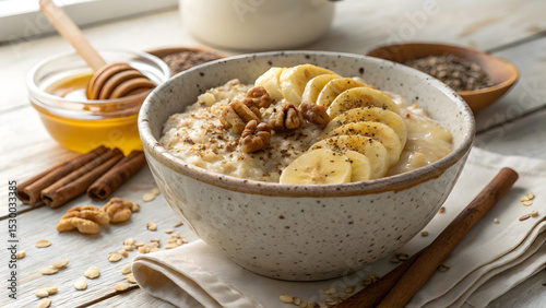 A rustic speckled ceramic bowl cradles a generous serving of creamy oatmeal, its surface swirled with a drizzle of golden honey still glistening as it melts