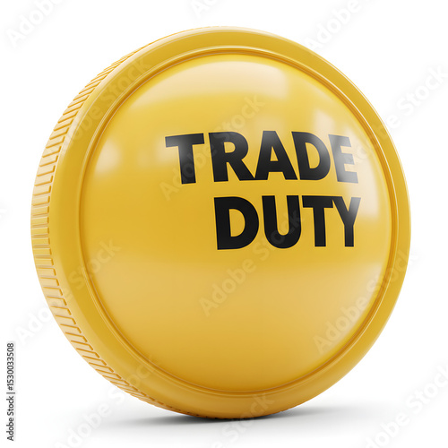  round ball-shaped characters labeled “TRADE DUTY” appear in yellow and orange. The right figure shows a tired face and limbs, symbolizing the burden or exhaustion caused by trade duties or customs ob