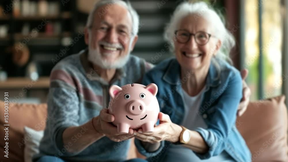 Glückliches Rentnerpaar mit Sparschwein – Symbol für finanzielle Sicherheit im Alter. Künstliche Intelligenz KI