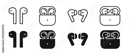 Earphones icon collection. Flat vector earphones. Headphones icon set. AirPods vector icons. Earbuds icons. EPS 10