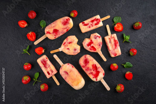 Frozen dessert - homemade strawberry ice lolly popsicle  with yogurt and fresh strawberries in heart and retro shape offered as top view