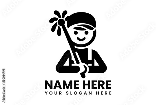 Friendly black silhouette vector logo of cheerful cleaning staff holding broom and bucket for professional maintenance service