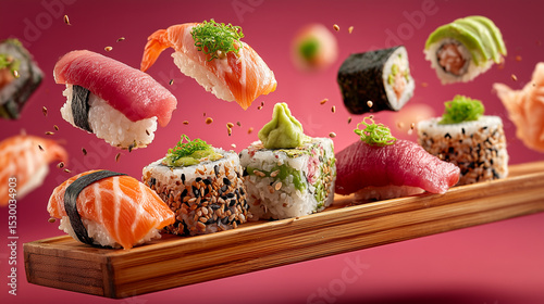 Assorted sushi pieces with salmon, tuna, avocado, and sesame seeds floating above a wooden tray on a pink background. Creative food concept with flying ingredients.
