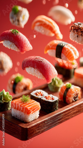 Assorted sushi pieces with salmon, tuna, avocado, and sesame seeds floating above a wooden tray on a pink background. Creative food concept with flying ingredients.