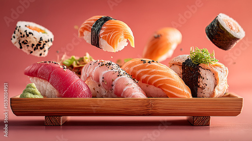 Assorted sushi pieces with salmon, tuna, avocado, and sesame seeds floating above a wooden tray on a pink background. Creative food concept with flying ingredients.
