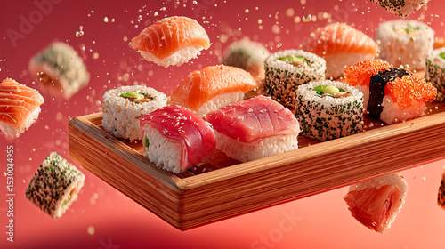 Assorted sushi pieces with salmon, tuna, avocado, and sesame seeds floating above a wooden tray on a pink background. Creative food concept with flying ingredients.