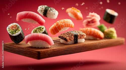 Assorted sushi pieces with salmon, tuna, avocado, and sesame seeds floating above a wooden tray on a pink background. Creative food concept with flying ingredients.