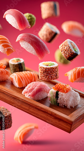Assorted sushi pieces with salmon, tuna, avocado, and sesame seeds floating above a wooden tray on a pink background. Creative food concept with flying ingredients.